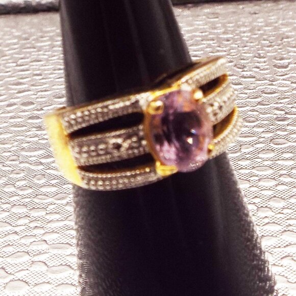 STERLING GOLD VERMEIL GRANULATED PINK CUSHION CUT CRYSTAL SIZE 8 RING 56 - Picture 1 of 3